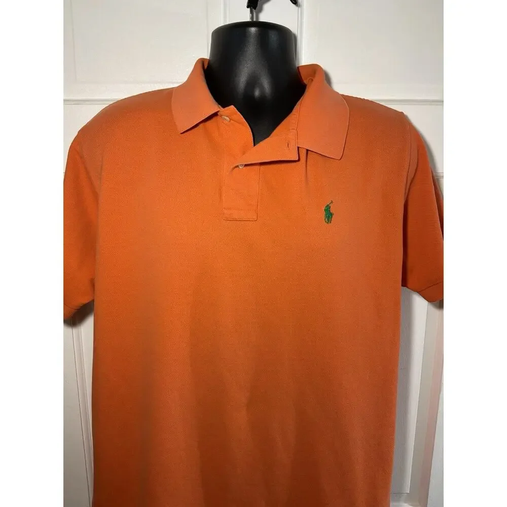 Men’s Polo Ralph Lauren XL Orange Polo Shirt Green Pony Short Sleeve Preppy